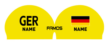 Personalisierte Schwimmkappe – mit Deutschland-Fahne, eigenem Namen & eigenem Vereinslogo – 000500 – FAMOS BADEKAPPE TRAININGSKAPPE DEUTSCHLANDKAPPE / DEUTSCHLAND BADEKAPPE