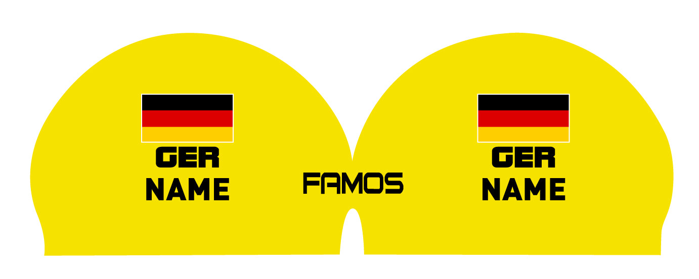 Personalisierte Schwimmkappe – mit Deutschland-Fahne, eigenem Namen & eigenem Vereinslogo – 000500 – FAMOS BADEKAPPE TRAININGSKAPPE DEUTSCHLANDKAPPE / DEUTSCHLAND BADEKAPPE