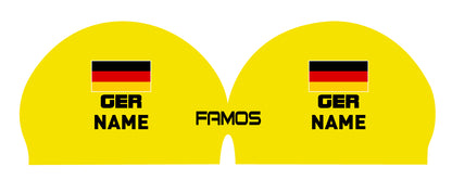 Personalisierte Schwimmkappe – mit Deutschland-Fahne, eigenem Namen & eigenem Vereinslogo – 000500 – FAMOS BADEKAPPE TRAININGSKAPPE DEUTSCHLANDKAPPE / DEUTSCHLAND BADEKAPPE