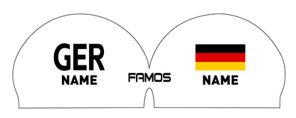 Personalisierte Schwimmkappe – mit Deutschland-Fahne, eigenem Namen & eigenem Vereinslogo – 000500 – FAMOS BADEKAPPE TRAININGSKAPPE DEUTSCHLANDKAPPE / DEUTSCHLAND BADEKAPPE