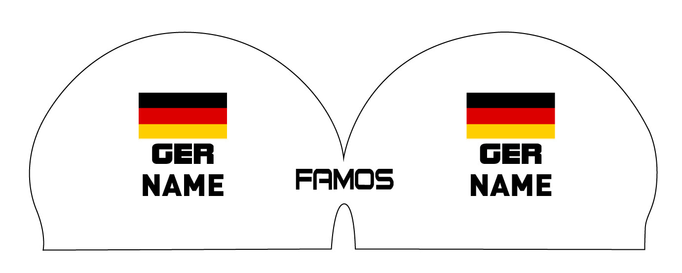 Personalisierte Schwimmkappe – mit Deutschland-Fahne, eigenem Namen & eigenem Vereinslogo – 000500 – FAMOS BADEKAPPE TRAININGSKAPPE DEUTSCHLANDKAPPE / DEUTSCHLAND BADEKAPPE