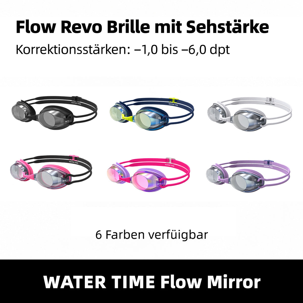 WATER TIME verspiegelte dioptrische Schwimmbrille Swim Goggles mit Sehstärke Trainingsbrille Wettkampfbrille für Kurzsichtige Dioptrien Dioptrienstärke