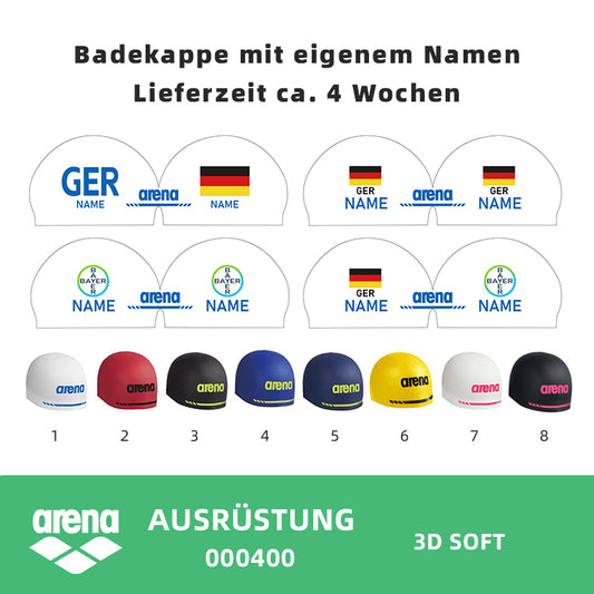 Personalisierte Schwimmkappe – mit Deutschland-Fahne, eigenem Namen & eigenem Vereinslogo – 000400 – ARENA 3D SOFT WETTKAMPF BADEKAPPE DEUTSCHLANDKAPPE / DEUTSCHLAND BADEKAPPE